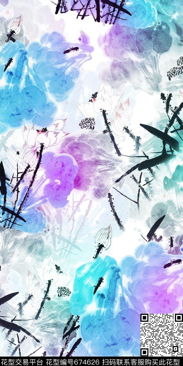 水墨画荷花荷叶数码印花华亿平台下载（图片编号: 674626） - 瓦栏（Walan）