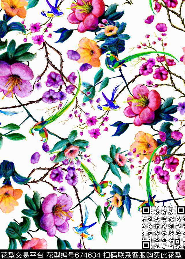 手绘水彩花卉花鸟数码印花华亿平台下载（图片编号: 674634） - 瓦栏（Walan）