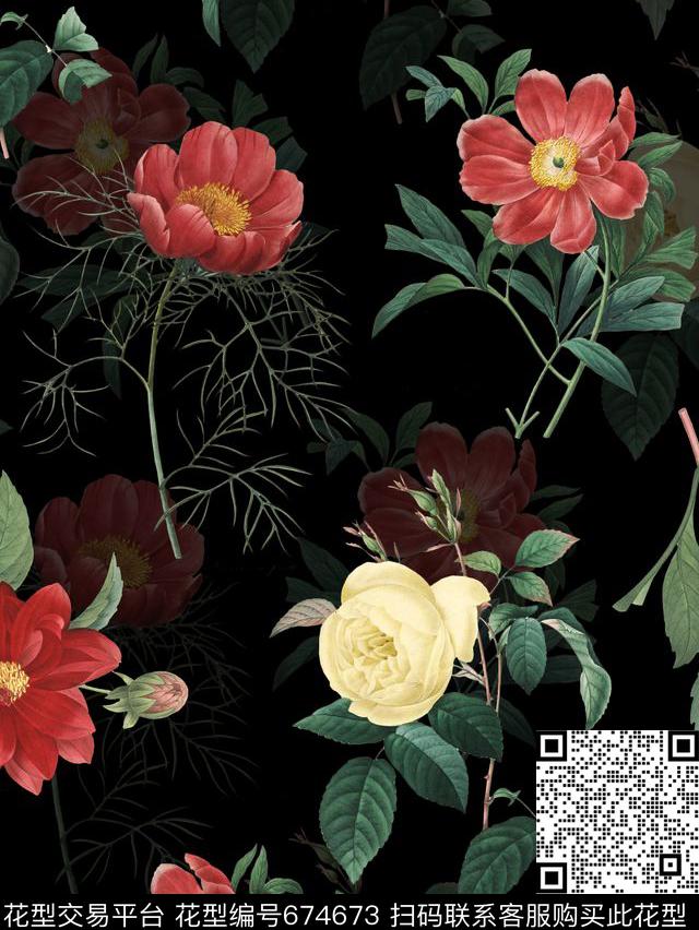 花卉植物复古数码印花华亿平台下载（图片编号: 674673） - 瓦栏（Walan）