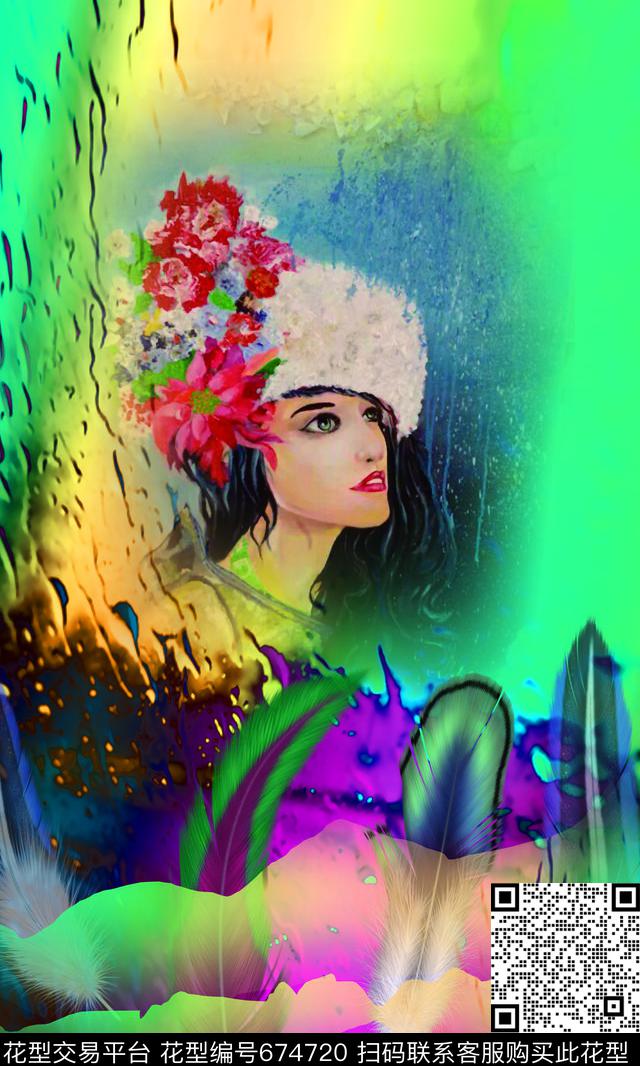 人物油画羽毛数码印花华亿平台下载（图片编号: 674720） - 瓦栏（Walan）