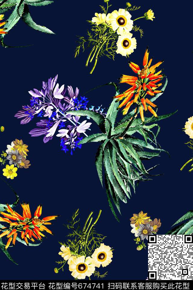 小花雏菊花卉数码印花华亿平台下载（图片编号: 674741） - 瓦栏（Walan）
