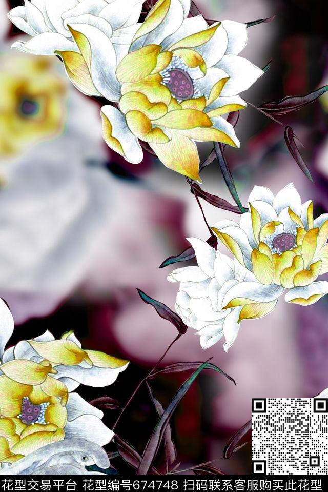 乱花面料花荷花数码印花华亿平台下载（图片编号: 674748） - 瓦栏（Walan）