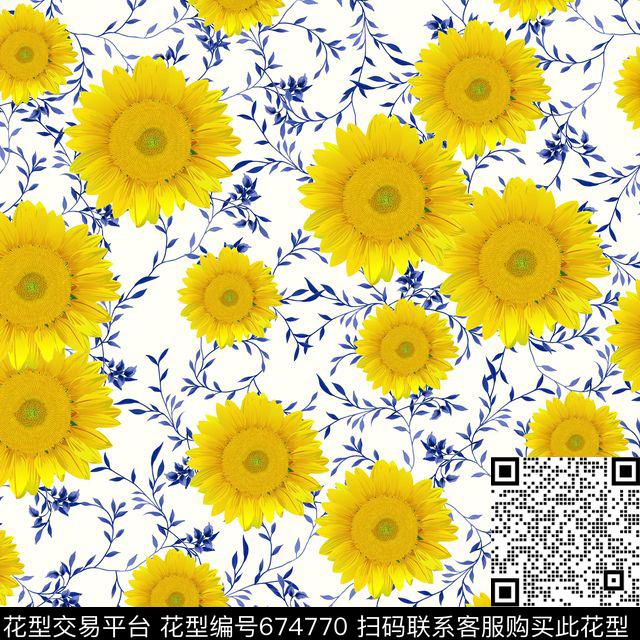向日葵花朵花卉数码印花华亿平台下载（图片编号: 674770） - 瓦栏（Walan）