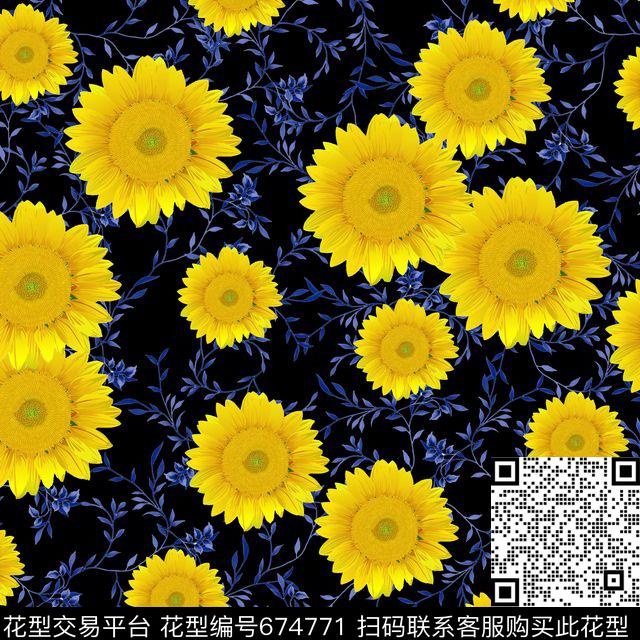向日葵花朵花卉数码印花华亿平台下载（图片编号: 674771） - 瓦栏（Walan）
