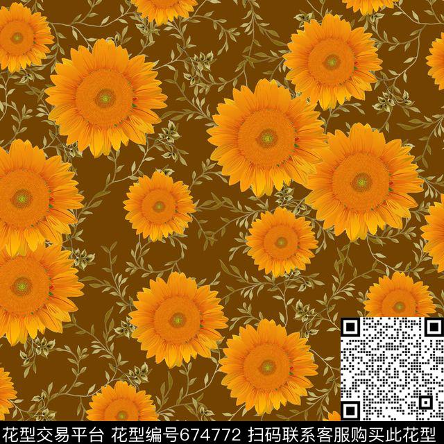 向日葵花朵花卉数码印花华亿平台下载（图片编号: 674772） - 瓦栏（Walan）