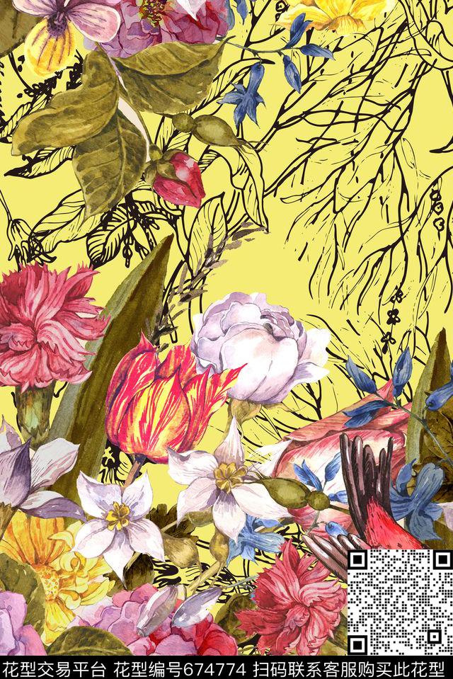 手绘植物花卉数码印花华亿平台下载（图片编号: 674774） - 瓦栏（Walan）