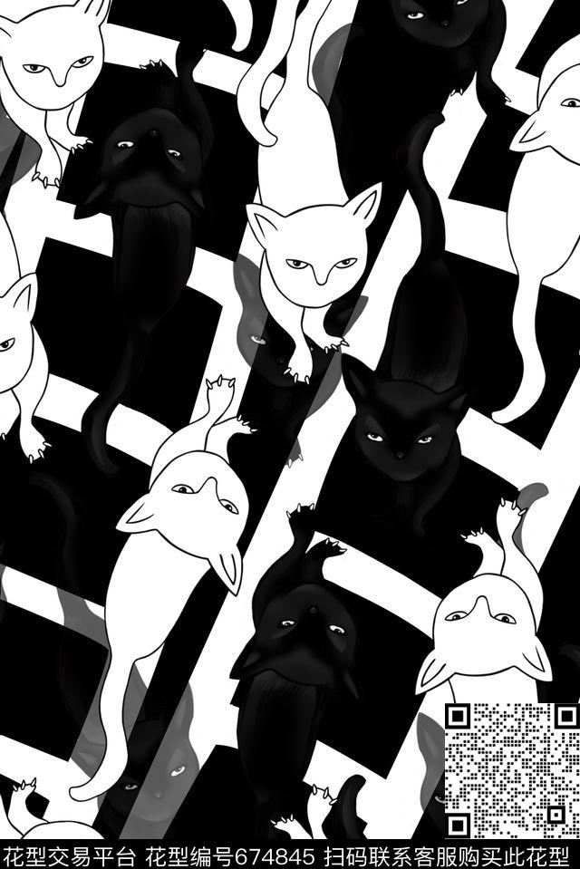 趣味图案卡通猫咪传统印花华亿平台下载（图片编号: 674845） - 瓦栏（Walan）