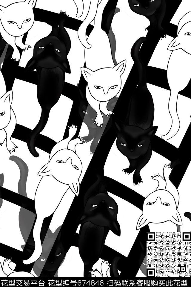 趣味图案卡通猫咪传统印花华亿平台下载（图片编号: 674846） - 瓦栏（Walan）
