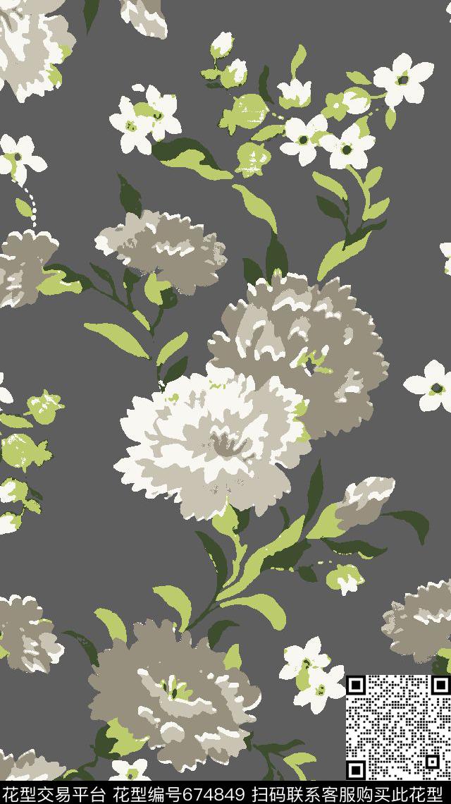 大花玫瑰花卉传统印花华亿平台下载（图片编号: 674849） - 瓦栏（Walan）