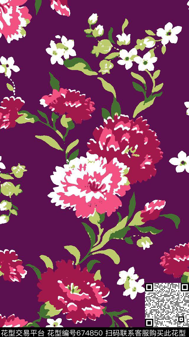 大花玫瑰花卉传统印花华亿平台下载（图片编号: 674850） - 瓦栏（Walan）