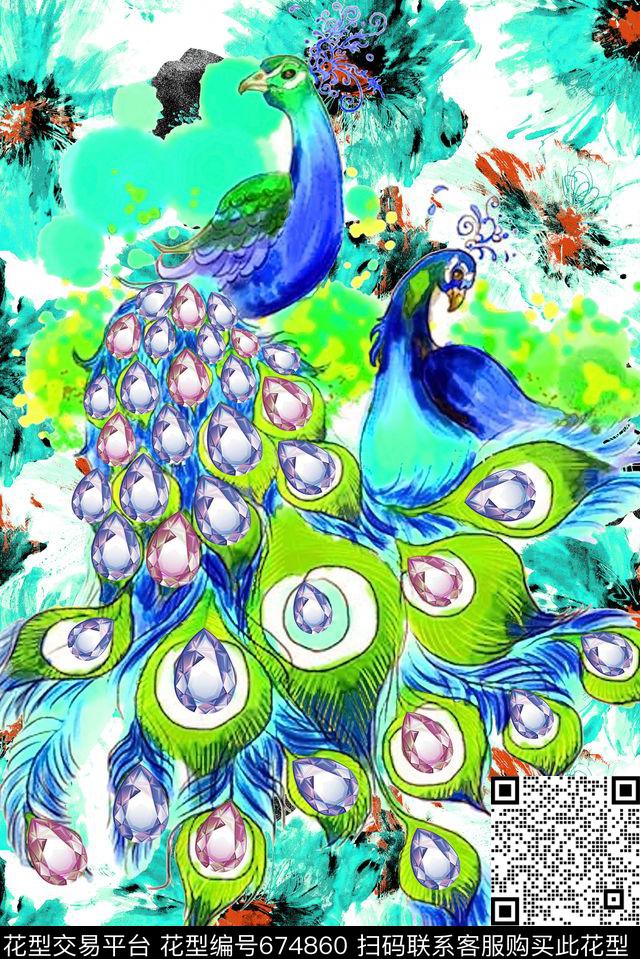 泼墨鸟花朵数码印花华亿平台下载（图片编号: 674860） - 瓦栏（Walan）