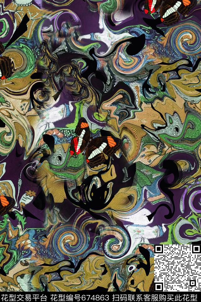 抽象纹理蝴蝶数码印花华亿平台下载（图片编号: 674863） - 瓦栏（Walan）