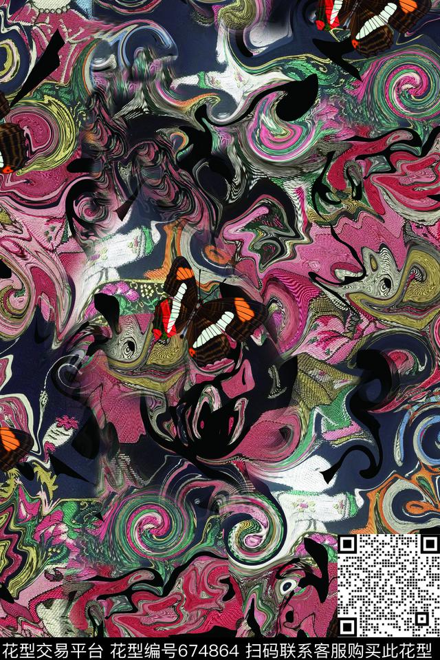 抽象纹理蝴蝶数码印花华亿平台下载（图片编号: 674864） - 瓦栏（Walan）