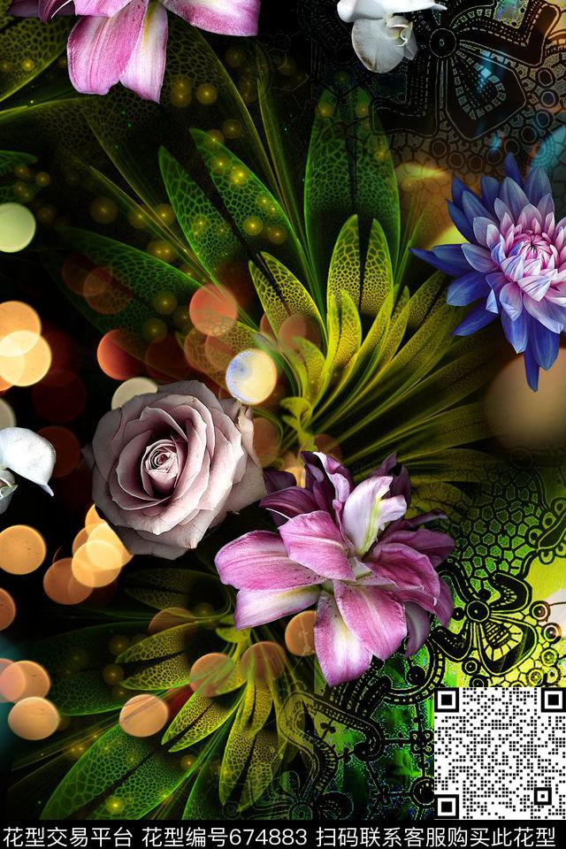 分体艺术花卉炫彩数码印花华亿平台下载（图片编号: 674883） - 瓦栏（Walan）
