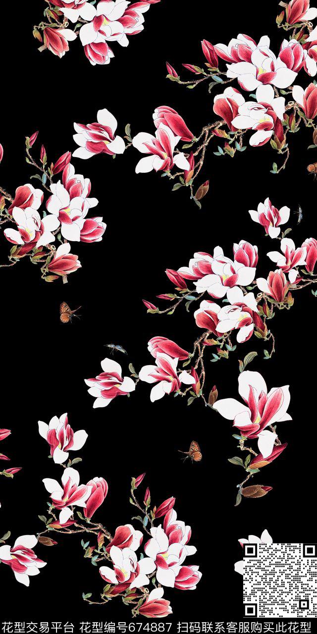 玉兰花手绘中国风时尚数码数码印花华亿平台下载（图片编号: 674887） - 瓦栏（Walan）