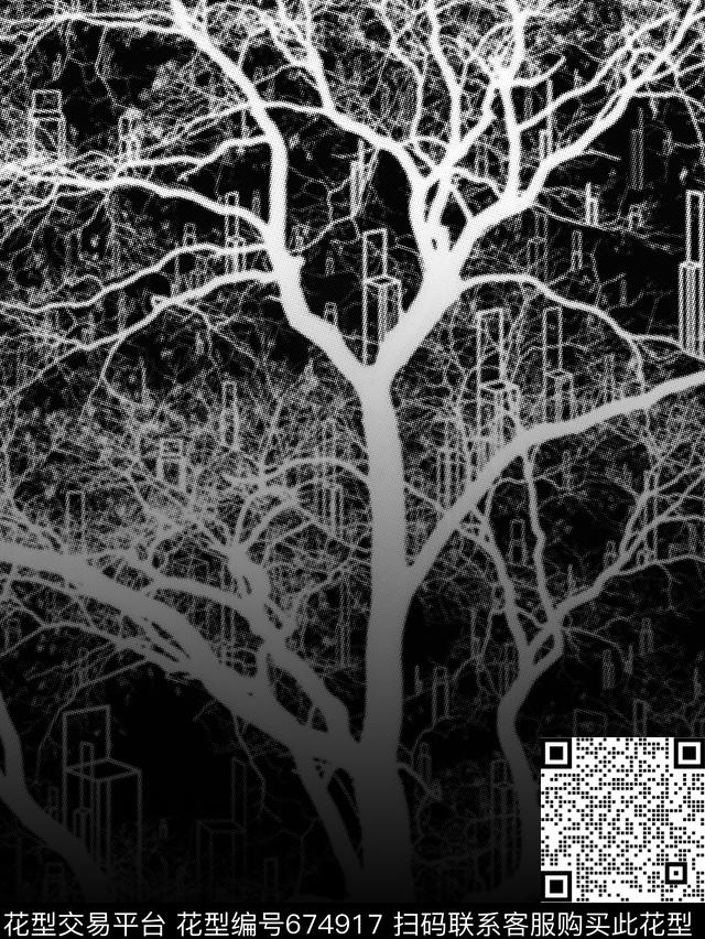 抽象树木和建筑几何数码印花华亿平台下载（图片编号: 674917） - 瓦栏（Walan）