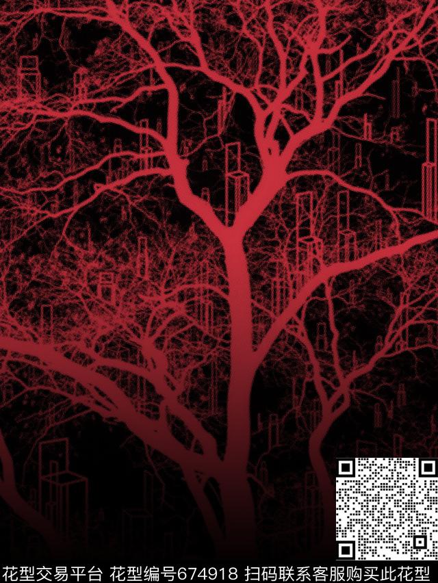 抽象树木和建筑几何数码印花华亿平台下载（图片编号: 674918） - 瓦栏（Walan）
