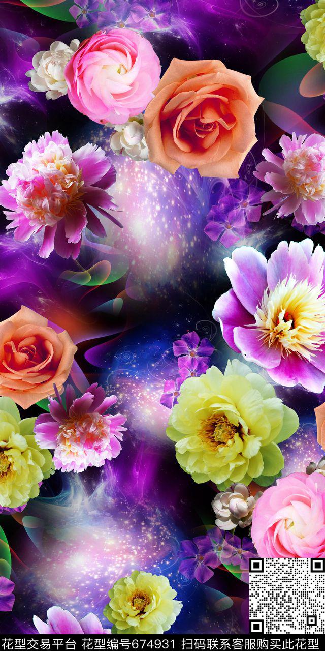 复古炫光数码花卉多彩时尚数码印花华亿平台下载（图片编号: 674931） - 瓦栏（Walan）