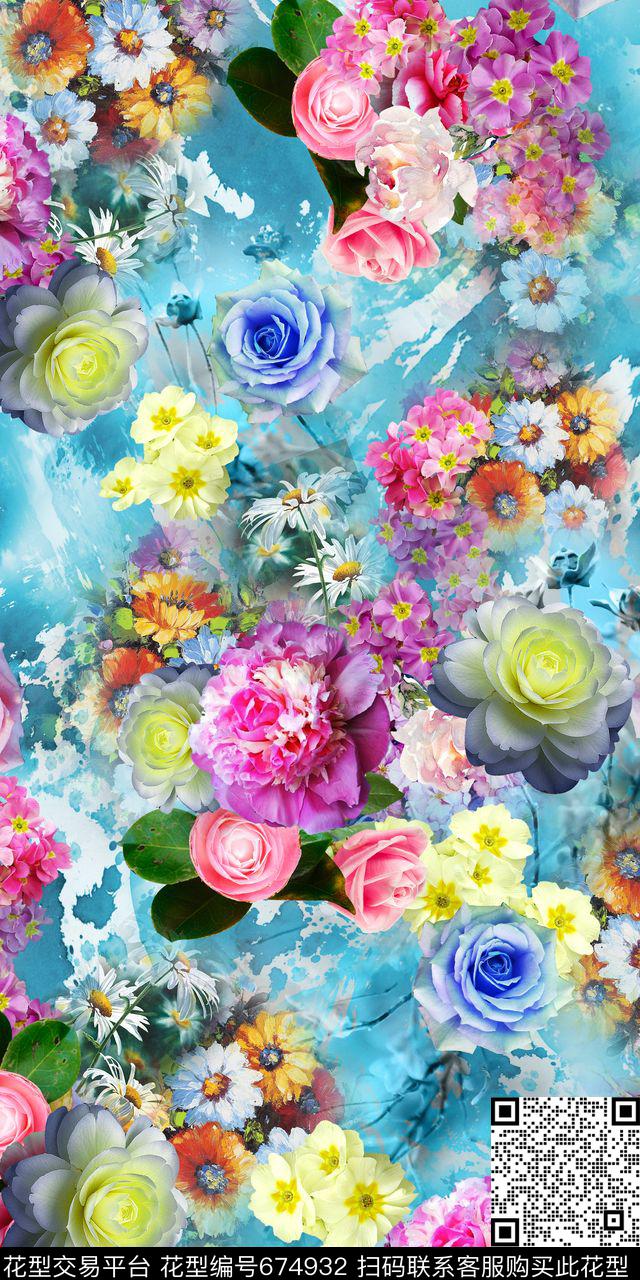 清爽时尚手绘花卉玫瑰牡丹数码印花华亿平台下载（图片编号: 674932） - 瓦栏（Walan）