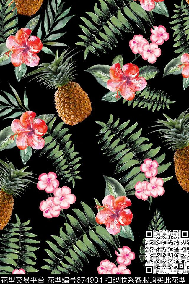 手绘花叶子热带植物数码印花华亿平台下载（图片编号: 674934） - 瓦栏（Walan）