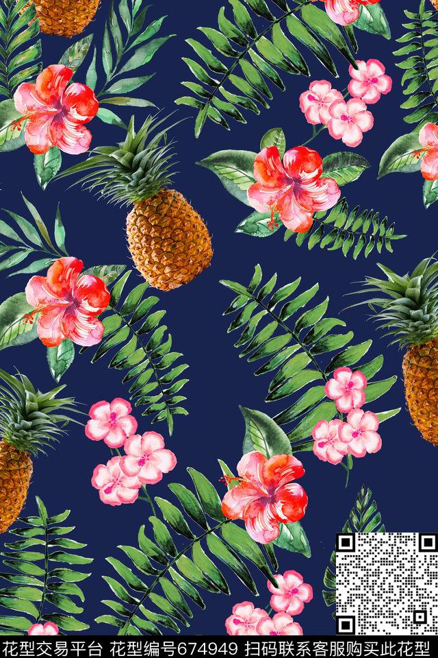 手绘花叶子热带植物数码印花华亿平台下载（图片编号: 674949） - 瓦栏（Walan）