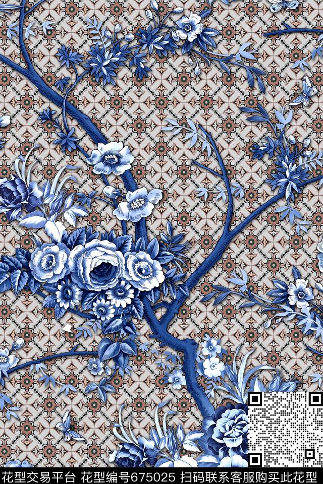 花卉几何小鸟数码印花华亿平台下载（图片编号: 675025） - 瓦栏（Walan）