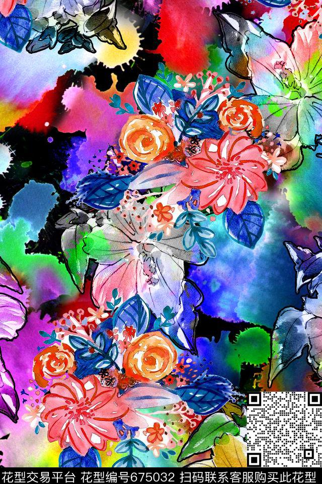 时尚手绘炫彩数码印花华亿平台下载（图片编号: 675032） - 瓦栏（Walan）