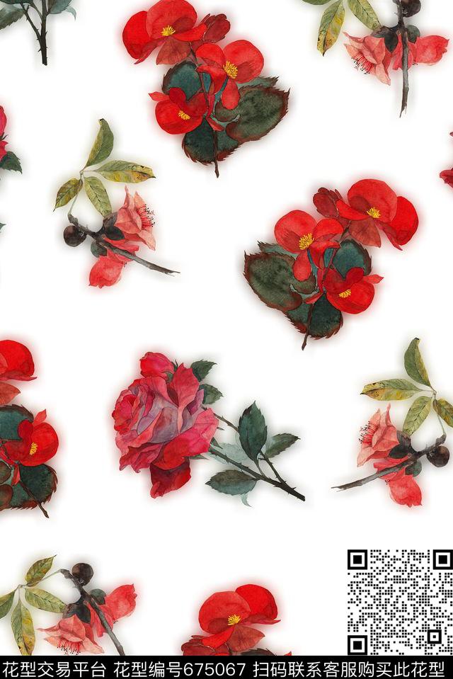 玫瑰红色花朵花卉数码印花华亿平台下载（图片编号: 675067） - 瓦栏（Walan）