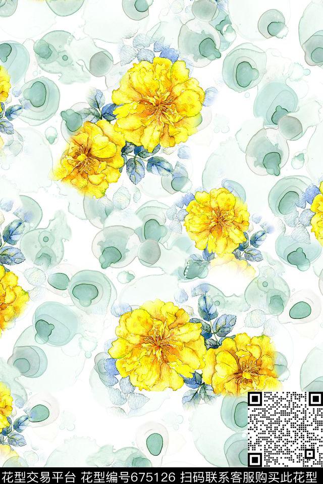 水彩花卉气泡数码印花华亿平台下载（图片编号: 675126） - 瓦栏（Walan）