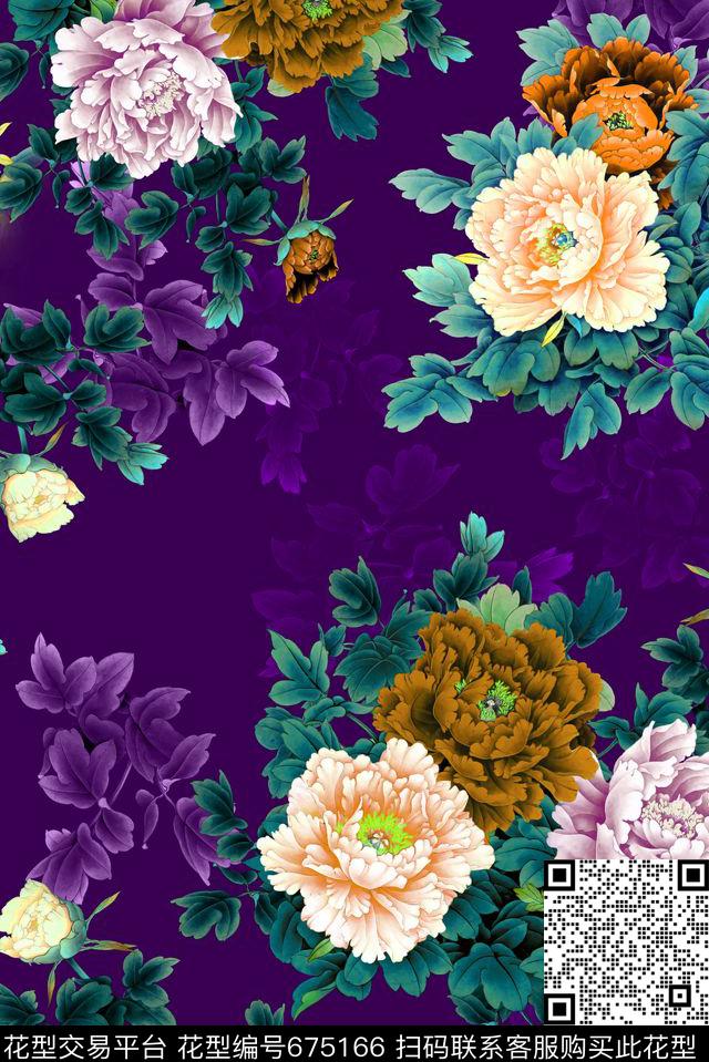 面料花流行时尚循环回位四方连续中国风旗袍牡丹面料花数码印花华亿平台下载（图片编号: 675166） - 瓦栏（Walan）