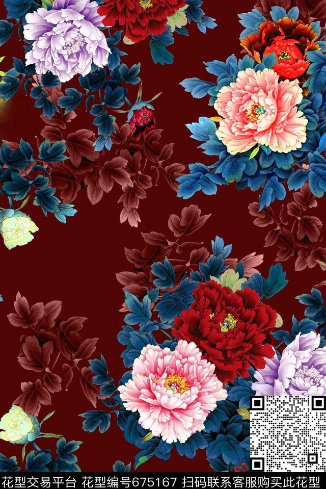 面料花流行时尚循环回位四方连续中国风旗袍牡丹面料花数码印花华亿平台下载（图片编号: 675167） - 瓦栏（Walan）
