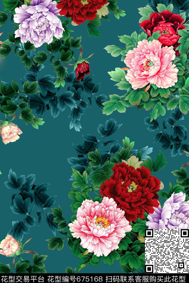 面料花流行时尚循环回位四方连续中国风旗袍牡丹面料花数码印花华亿平台下载（图片编号: 675168） - 瓦栏（Walan）