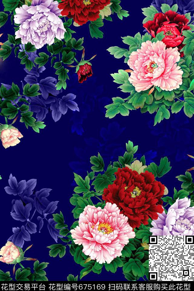 面料花流行时尚循环回位四方连续中国风旗袍牡丹面料花数码印花华亿平台下载（图片编号: 675169） - 瓦栏（Walan）