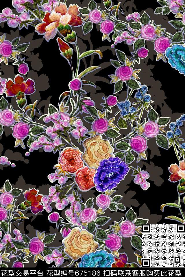 花朵花卉刺绣数码印花华亿平台下载（图片编号: 675186） - 瓦栏（Walan）