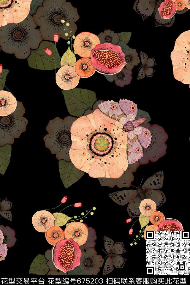 蝴蝶、花卉数码印花华亿平台下载（图片编号: 675203） - 瓦栏（Walan）
