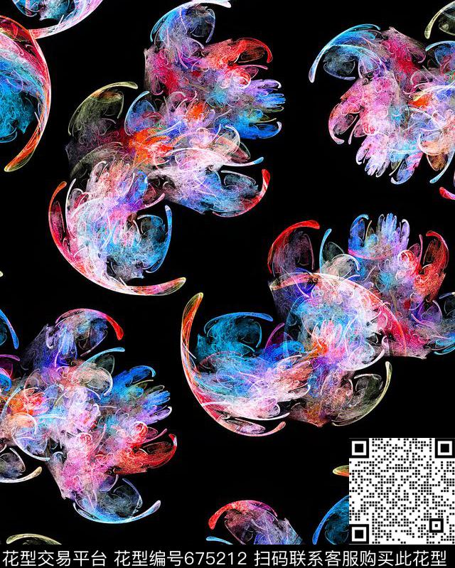 黑底抽象分形数码印花华亿平台下载（图片编号: 675212） - 瓦栏（Walan）