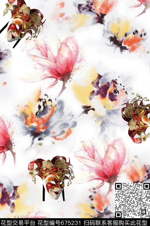 水彩花卉朦胧脸谱数码印花华亿平台下载（图片编号: 675231） - 瓦栏（Walan）