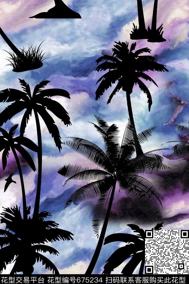 热带椰树休闲风水彩底纹数码印花华亿平台下载（图片编号: 675234） - 瓦栏（Walan）