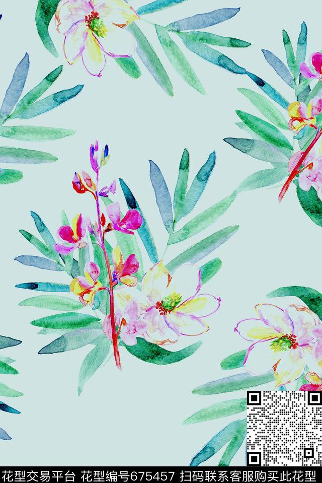 手绘热带植物数码印花华亿平台下载（图片编号: 675457） - 瓦栏（Walan）