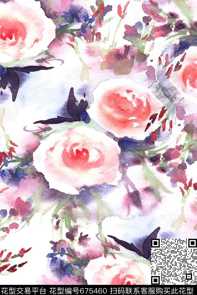 抽象手绘水彩数码印花华亿平台下载（图片编号: 675460） - 瓦栏（Walan）