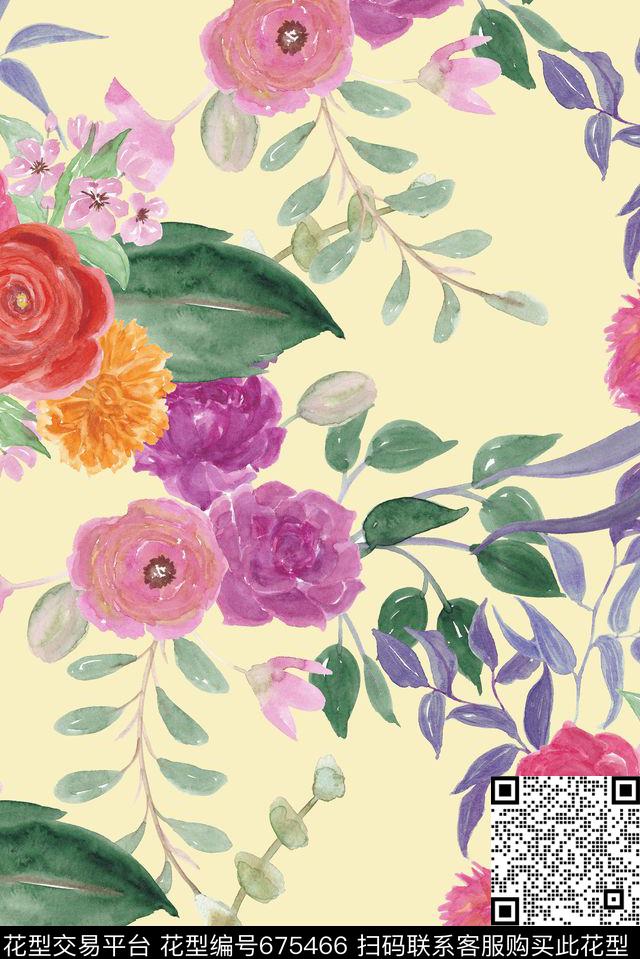 手绘水彩蜡笔数码印花华亿平台下载（图片编号: 675466） - 瓦栏（Walan）