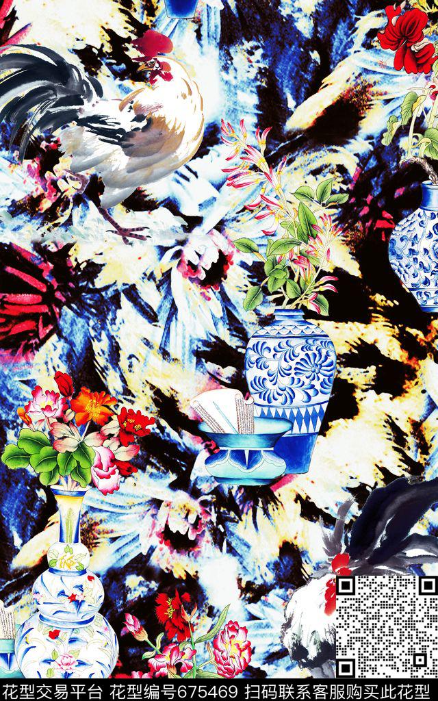 中国风十二生肖鸡青花瓷瓶数码印花华亿平台下载（图片编号: 675469） - 瓦栏（Walan）