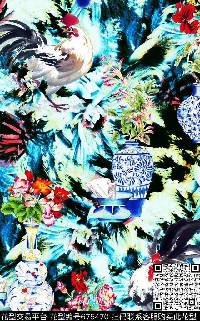 中国风十二生肖鸡青花瓷瓶数码印花华亿平台下载（图片编号: 675470） - 瓦栏（Walan）