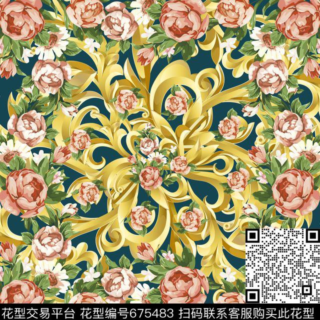 欧式卷草花卉大牌方巾传统印花华亿平台下载（图片编号: 675483） - 瓦栏（Walan）