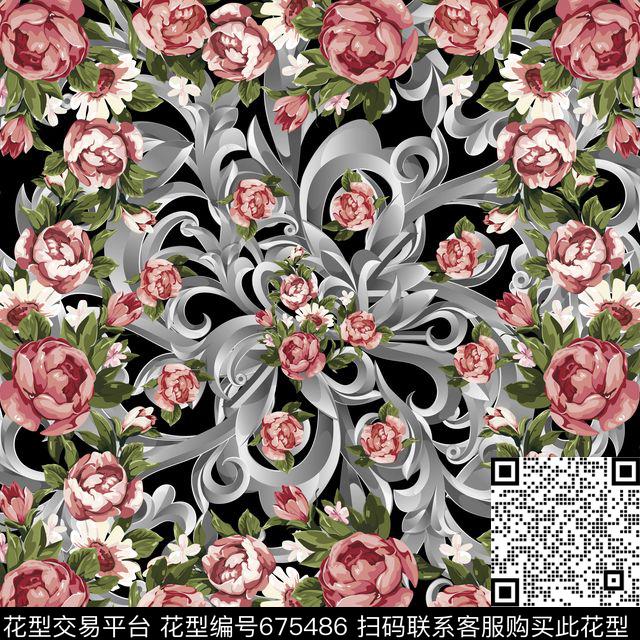 欧式卷草花卉大牌方巾传统印花华亿平台下载（图片编号: 675486） - 瓦栏（Walan）