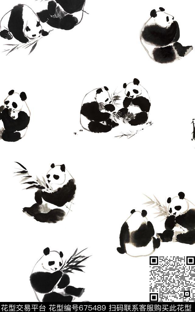 中国风国画国宝水墨熊猫数码印花华亿平台下载（图片编号: 675489） - 瓦栏（Walan）