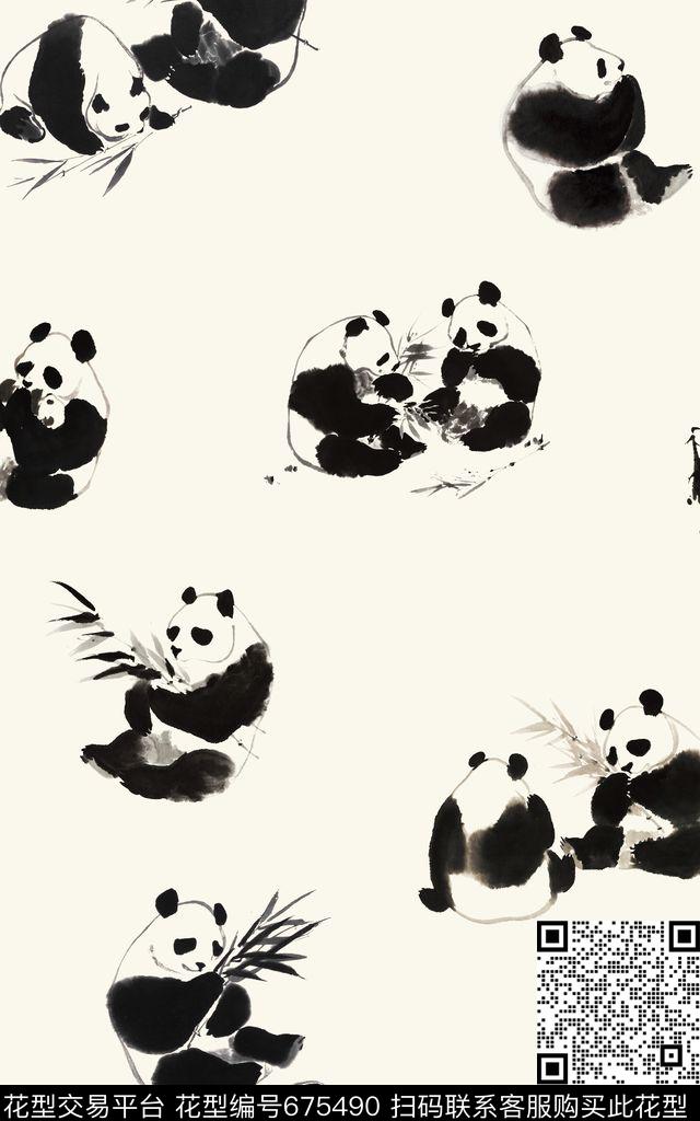 中国风国画国宝水墨熊猫数码印花华亿平台下载（图片编号: 675490） - 瓦栏（Walan）