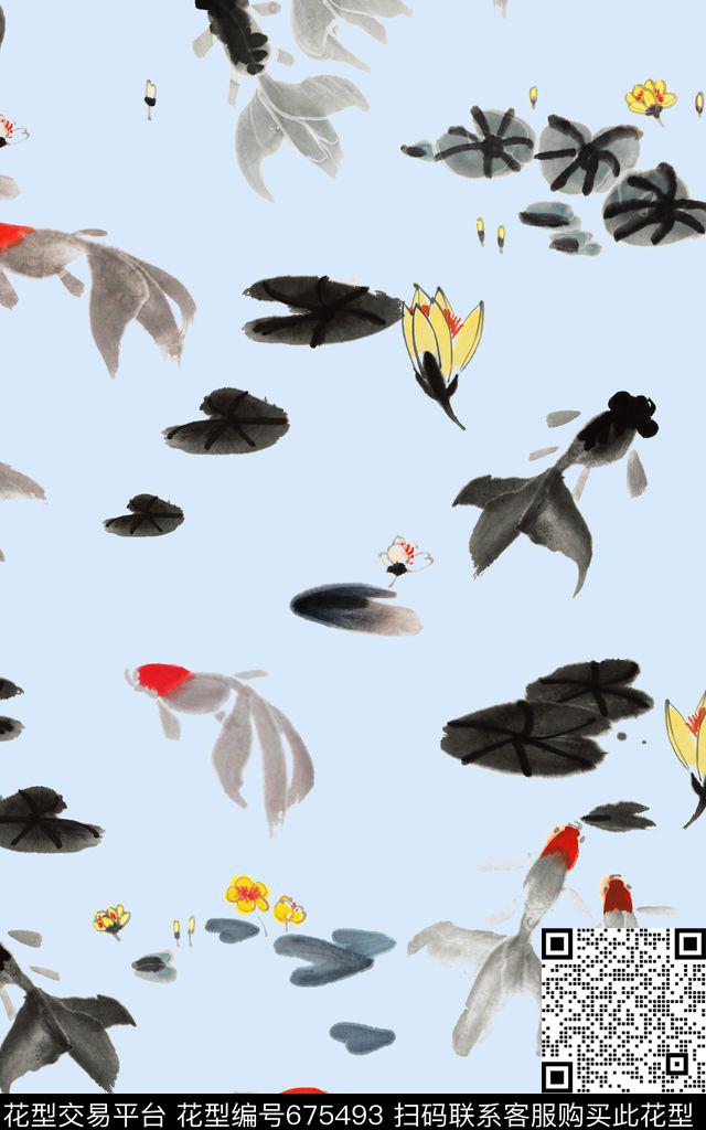 中国风水墨金鱼荷塘荷叶数码印花华亿平台下载（图片编号: 675493） - 瓦栏（Walan）