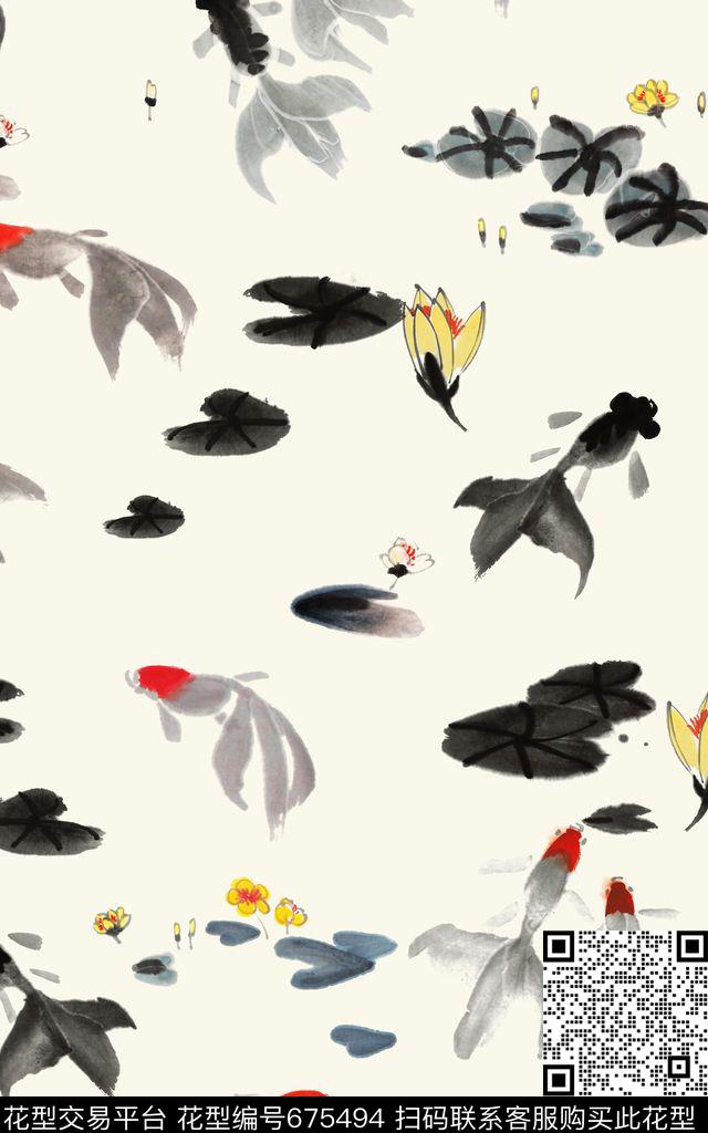 中国风水墨金鱼荷塘荷叶数码印花华亿平台下载（图片编号: 675494） - 瓦栏（Walan）