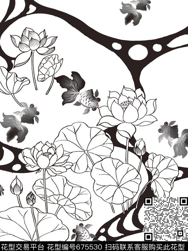 和风中国风水墨数码印花华亿平台下载（图片编号: 675530） - 瓦栏（Walan）